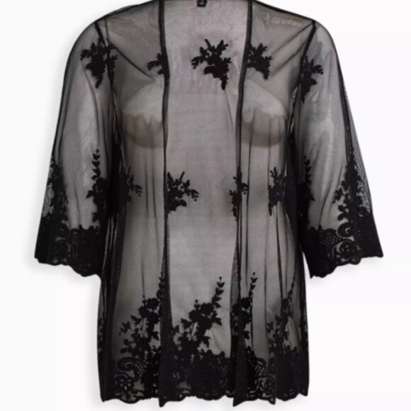 NEW Torrid 4X 26 Black Embroidery Mesh Kimono Cardigan Shawl - Picture 3 of 6